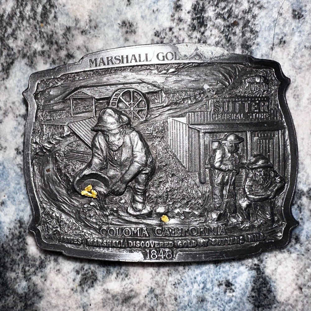 James Marshall BELT BUCKLE Panning For Gold Coloma California Sutter Mill Nugget
